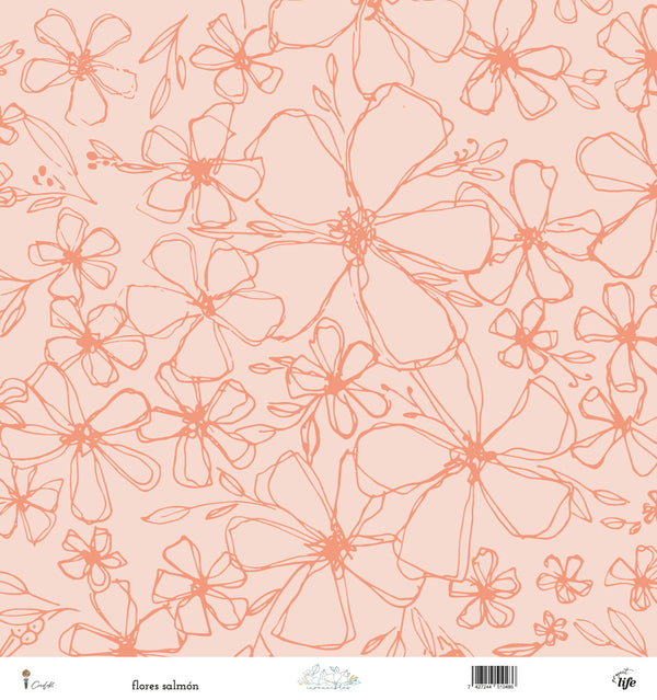 Papel 12x12 a una cara "flores salmón" INVENCIBLES